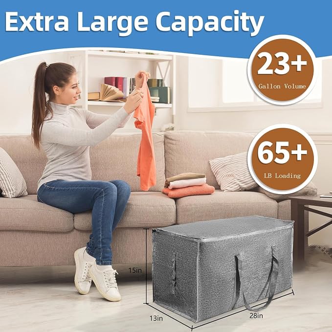 4 Pack-Extra Large Heavy Duty Moving Bags - Waterproof Storage Totes with Handles & Zippers, Foldable for College Dorm, Storage (Gray) - Image 3