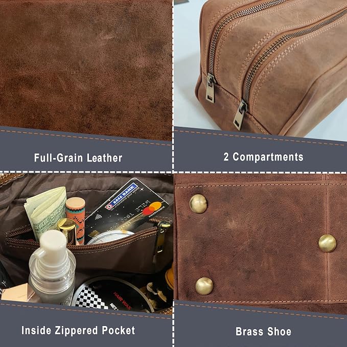 RUSTIC TOWN Full Grain Leather Travel Toiletry Bag - Cosmetic Makeup Kit Organizer (Brown) - Image 4