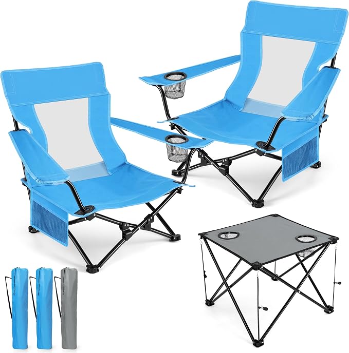 HaSteeL Folding Beach Chair Set of 3, Foldable Blue Camping Chairs & Grey Table for Outside, Low Beach Chair Portable for Adults Fishing, Picnic, Outdoor BBQ, Travel, Sports, Cup Holder & Storage Bag by HaSteeL