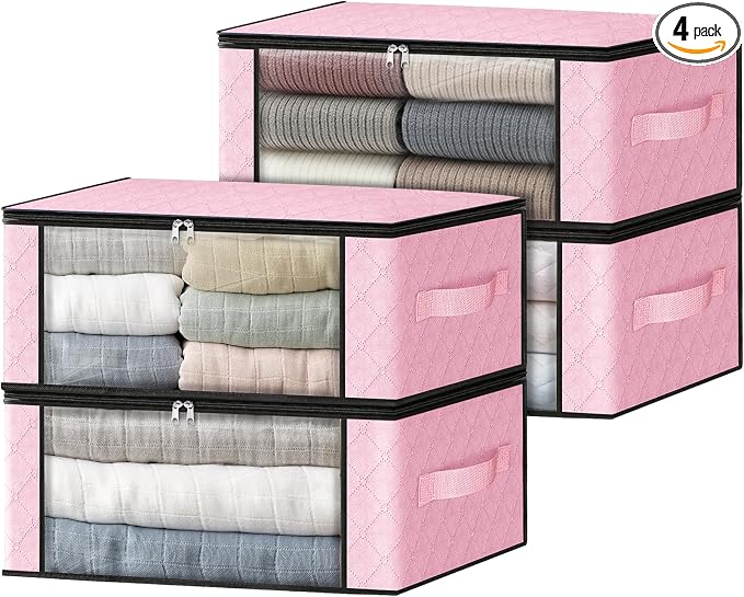 HomeHacks Storage 4-Pack Clothes Organizer Storage Bags Foldable Storage Box with Large Clear Window Sturdy Handles for Closet, Dorm, Pillows, Bedding, Clothes, Blankets, 35L, Pink by HomeHacks