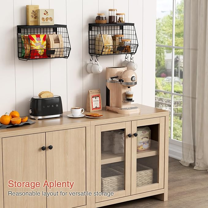 Goozii Black Kitchen Wall Hanging Storage Basket Set of 2, Rustic Stackable Kitchen Counter Fruit Organizer, Wire Baskets Container for Veggie, Garlic, Produce, Onion and Potato (Black Shelf) - Image 3