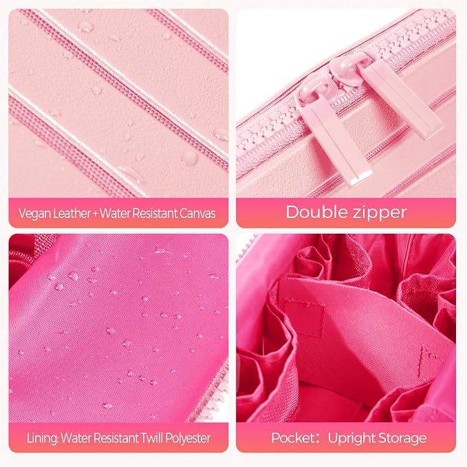 Travel Makeup Organizer Bag with Fold-Down Design and Adjustable Dividers, 27 Pockets & 3 Brush Storage Holders, Large Capacity Cosmetic Bags Toiletry Case - Pink - Image 7