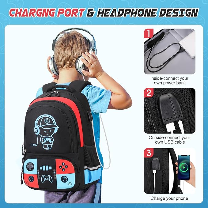 Bevalsa Backpack for School Boys, Cool Luminous Gamer Boys Schoolbag with Sling Bag,Lunch Box & Pencil Case for Kids Children Teens Elementary Middle School(Red Blue Backpack with Shoulder Bag) - Image 6