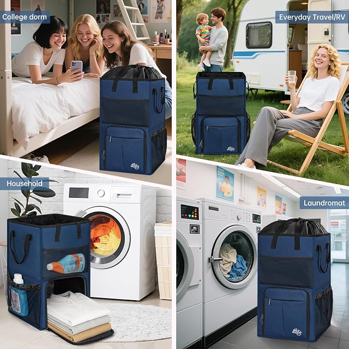 170L Laundry Backpack Bag with 3 Sizes Mesh Wash Bags Empty, Extra Large 2 in 1 Laundry Hamper Basket with Shoulder Straps, Freestanding Laundry Bag for College Dorm, Laundromat, Apartment (Blue) - Image 9