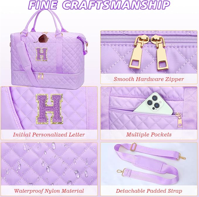 Gifts for Women Initial Travel Duffle Bag Quilted Weekender Bags Carry-On Overnight with Cosmetic Bag, Gym Bag with Shoe Compartment Hospital Bag for Women Labor Delivery, Purple-H - Image 6