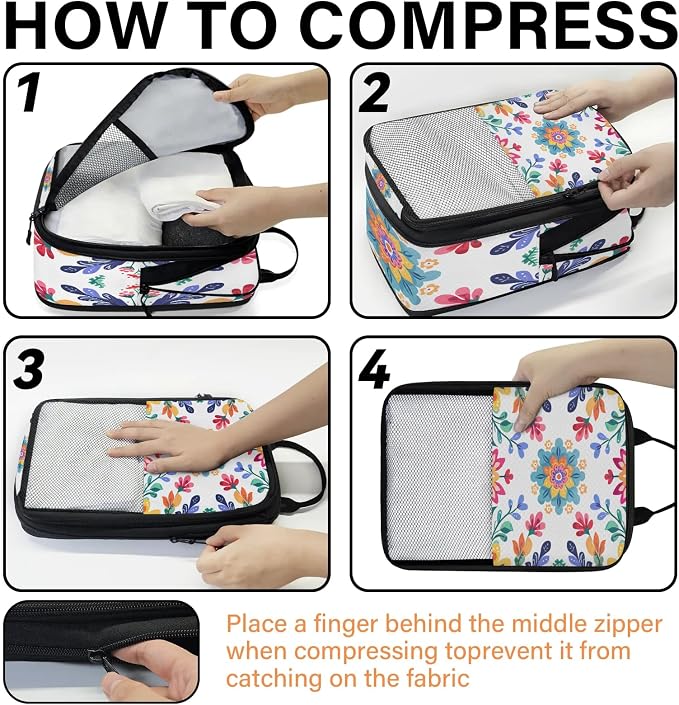 Cute Floral Colorful Compressible Packing Cubes for Suitcase 6 Set Lightweight Expandable Compression Packing Travel Luggage Organizer - Image 4
