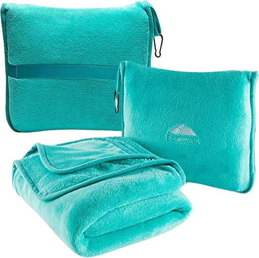 BlueHills Premium Soft Travel Blanket Pillow Warm Comfort Throw, Teal Green | 2 in 1 Travel Blanket Pillow, Soft Bag Pillowcase, Hand Luggage Belt & Backpack Clip, Flight Essentials, Gift for Traveler by BlueHills