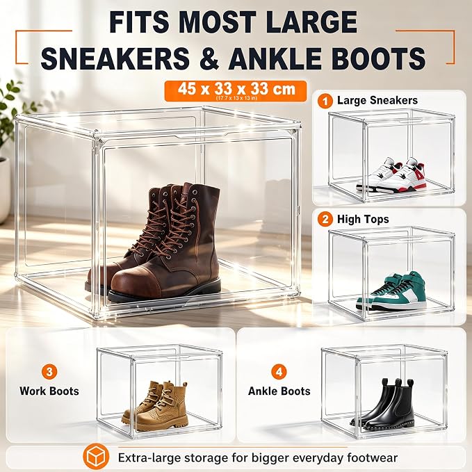 XXX-Large Extra Large Acrylic Display Case 17.3'' x 13'' x 13'' Transparent Sneaker Shoe Organizer Clear Plastic Stackable Boot & Shoe Boxes Large Showcase for Helmet, Handbag, Figures Collectibles - Image 3