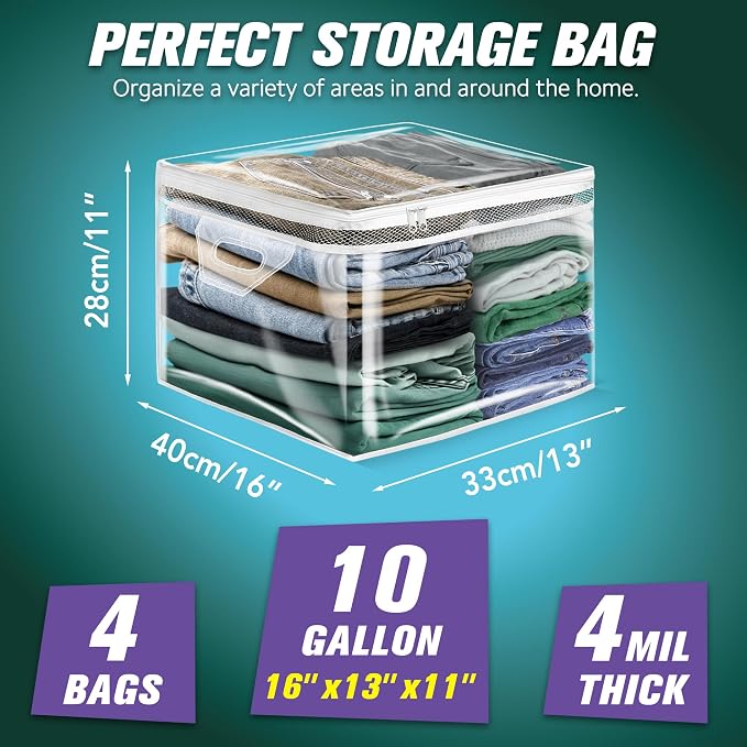 HIBAG 10 Gallon Large Storage Bag for Clothes, Zipper Clothing Storage Bag, Clear Organizer with Reinforced Handles, for Closet and Underbed Storage (4 Pack) - Image 2