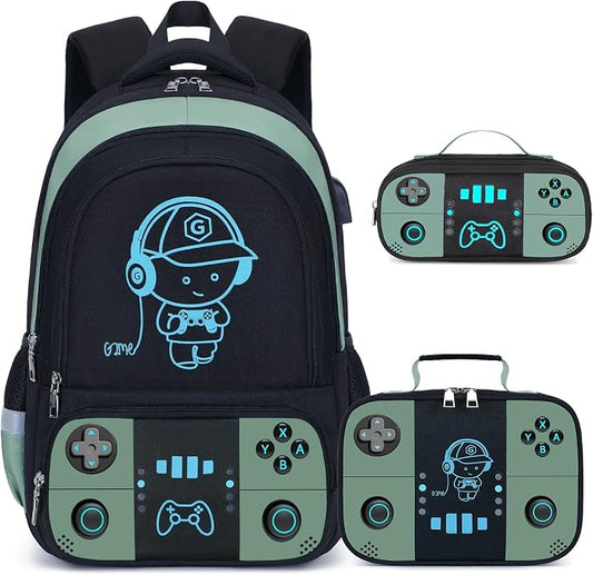 Bevalsa Backpack for School Boys, Cool Luminous Gamer Boys Schoolbag with Lunch Box & Pencil Case Set for Kids Teens Elementary Middle School, Bookbag Glow In The Dark(Green Backpack) by Bevalsa