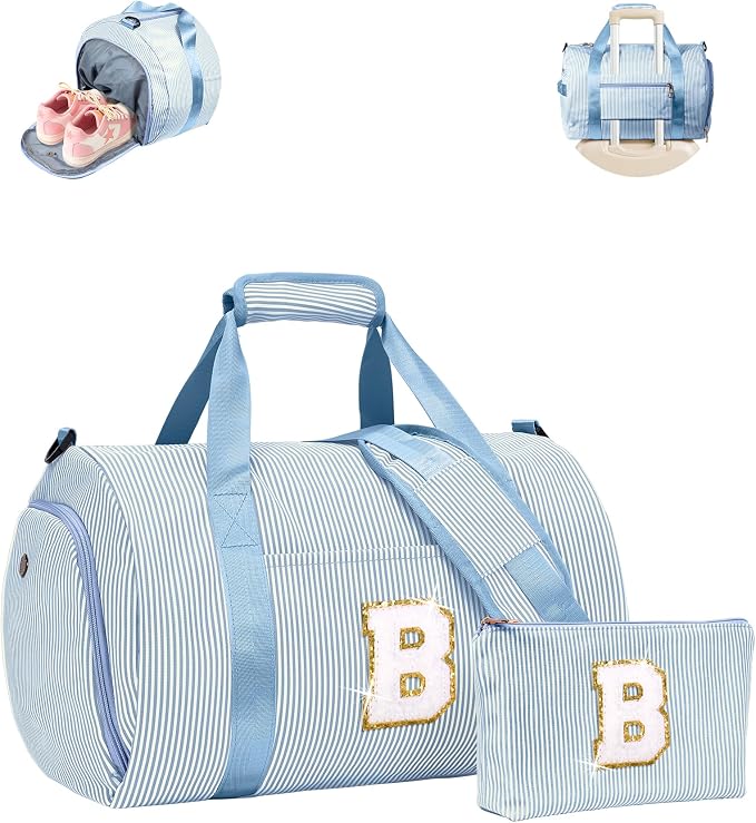 Gifts for 6 7 8 9 10 11 12 Year Old Girl,Girls Travel Duffle Bag, Kids Initial Overnight Bags with Shoe Compartment, Customized Weekender Bag with Makeup Pouch, Preppy Stuff (Letter B) by Vogewood