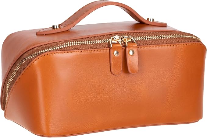 VENOULT Makeup Bag, Spacious Cosmetic Case for Women, Portable 180° Wide-Open Flat Cosmetic Bag, Travel Toiletry Organizer with Handle, Hanmdade, Full Grain Genuine Turkish Leather (Chestnut) by VENOULT