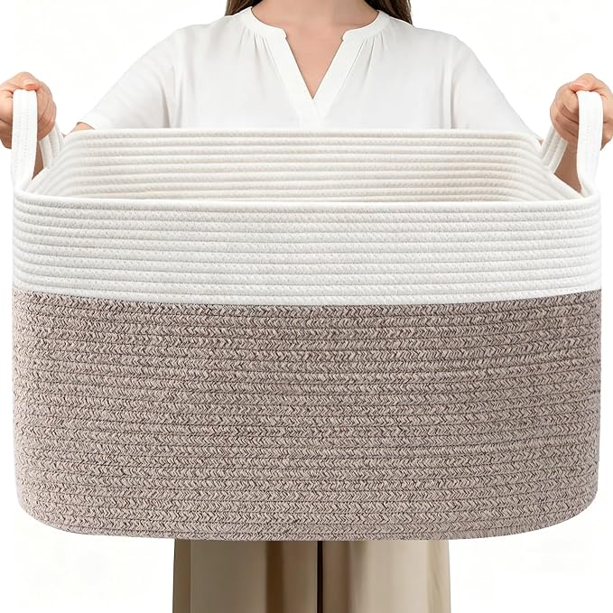 65L Collapsible Woven Rope Laundry Basket with Handles-White/Brown | 21x16x12 Foldable Rectangular Blanket Basket for Toys, Clothes & Pillows,Ideal for Nursery, Bathroom, Bedroom, Living Room by HZFTJOY