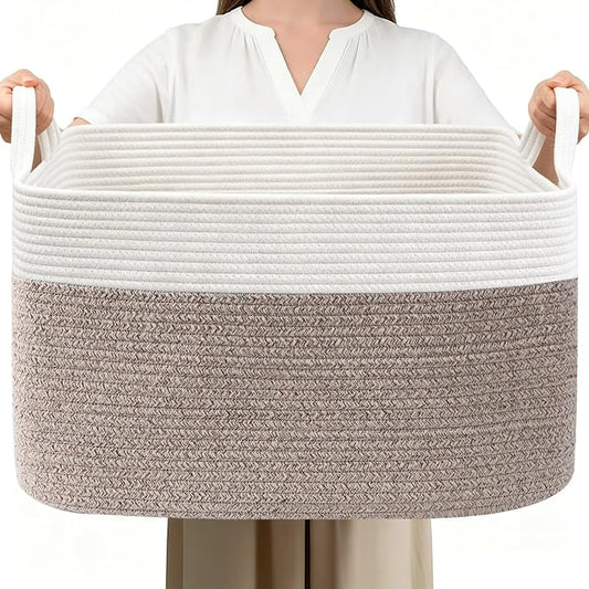 65L Collapsible Woven Rope Laundry Basket with Handles-White/Brown | 21x16x12 Foldable Rectangular Blanket Basket for Toys, Clothes & Pillows,Ideal for Nursery, Bathroom, Bedroom, Living Room by HZFTJOY