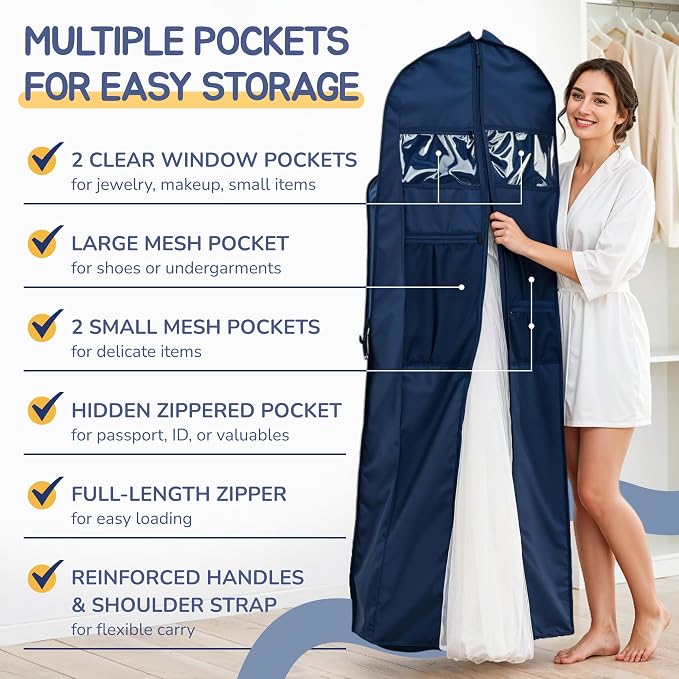 Wedding Dress Garment Bag 72" – Waterproof Trifold Travel Garment Bag for Bridal Gown with Shoulder Strap, Suitcase Sleeve & Accessory Pockets – Fits Full Skirts, Oxford Fabric, Carry Handle - Image 3