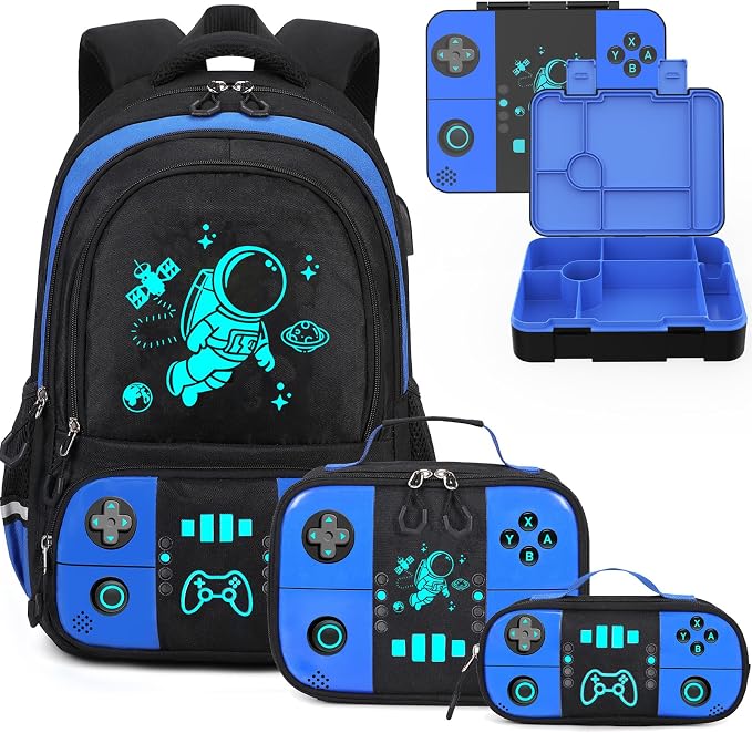 Bevalsa Backpack for Boys with 43OZ Bento Lunch Box,Insulated Lunch Bag & Pencial Case,Cool Luminous Gamer Schoolbag for Kids Teens Elementary Middle School,Bookbag Glow In The Dark by Bevalsa