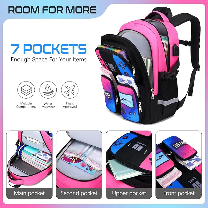 Gamer Backpack for Boys , 3PCS Boys Backpack with Lunch Box & Pencil Pouch, Waterproof School Bags for Boy Kids Children Teens, Elementary Middle School, Kids Book Bag Casual Daypack (Pink Blue) - Image 3