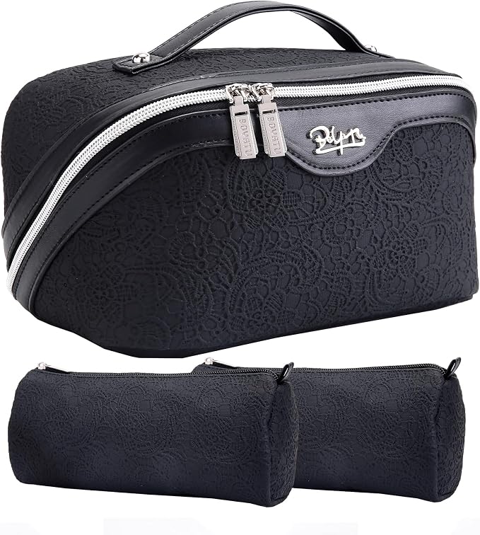 BOYATU Travel Makeup Bags Cosmetic Organizer Bag: 3-Set Large Capacity Make up Bag - PU Leather Toiletry Bags for Women - Wide Open Portable Pouch with Divider & Handle (A-Black) by BOYATU
