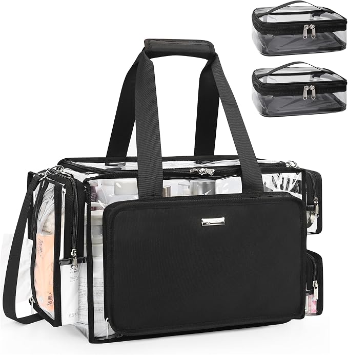 Relavel Clear Makeup Bag with 2 Clear Pouches, Extra Large Makeup Artist Kit Set, Cosmetic Storage Organizer Hair Stylist Traveling Bag, Transparent Tote Duffle Beach Toiletry Bag with Shoulder Strap by Relavel