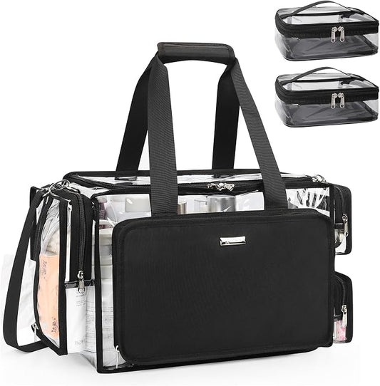 Relavel Clear Makeup Bag with 2 Clear Pouches, Extra Large Makeup Artist Kit Set, Cosmetic Storage Organizer Hair Stylist Traveling Bag, Transparent Tote Duffle Beach Toiletry Bag with Shoulder Strap by Relavel