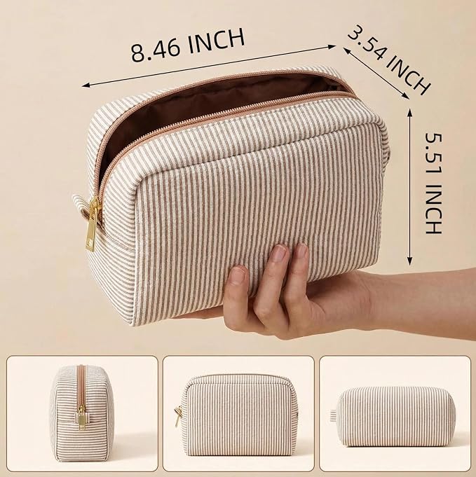 12 PACK Makeup Bags-Bulk Graduation Gifts Seersucker Bridesmaid Proposal Gifts Large Makeup Pouch for Wedding Party Favors Bachelorette Party Decorations Toiletry Organizer Bag Cosmetic Bag(12, Khaki) - Image 2