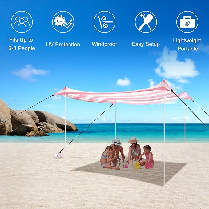 Beach Tent Canopy, UPF 50+ UV Protection Beach Sun Shade, Portable 10×10 FT Large Pop-Up Tent Sun Shelter with Sand Anchors, Ground Pegs, Easy Setup for Camping, Park, and Backyard Fun-Pink Stripe - Image 3