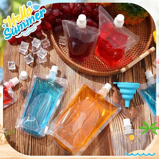 Patelai 150 Pieces Plastic Liquid Pouch Reusable Juice Pouches Travel Water Leak Proof Bags Bulk with Collapsible Silicone Funnel for Travel Outdoor (8 Oz,16 oz) - Image 3