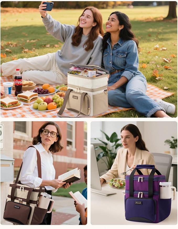 LOVEVOOK Insulated Lunch Bag For Women,Large Double Deck Adult Lunch Box,Teacher Lunch Tote Bag With Cup Holder,Leakproof Cooler Bag With Adjustable Shoulder Strap For Work Picnic Beach,Larger 15L - Image 7