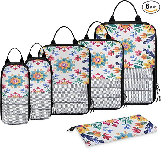 Cute Floral Colorful Compressible Packing Cubes for Suitcase 6 Set Lightweight Expandable Compression Packing Travel Luggage Organizer by BICUUZHI