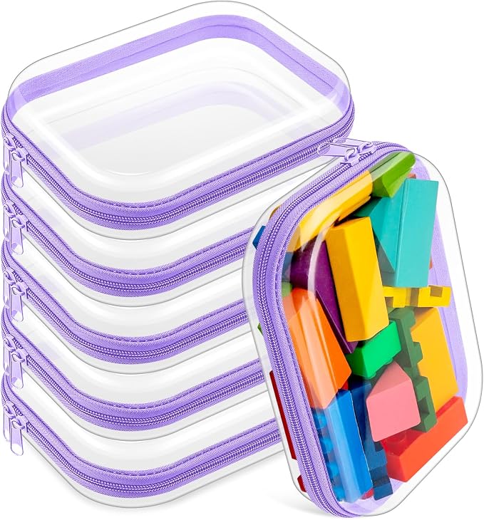 Sanwuta 6 Pcs Clear Hard Zipper Case Plastic Zipper Pouches Transparent Makeup Bag Pencil Case Pouches Toiletry Diaper Bag for Travel Toy Storage Organizer Bins(Purple,7.87 x 5.9 x 2 Inch) by Sanwuta