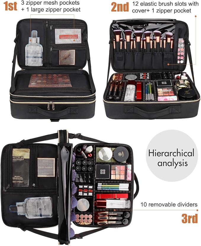 Relavel Makeup Case Large Makeup Bag Professional Train Case 16.5 inches Travel Cosmetic Organizer Brush Holder Waterproof Makeup Artist Storage Box, 3 Layer Large Capacity, with Adjustable Strap - Image 3