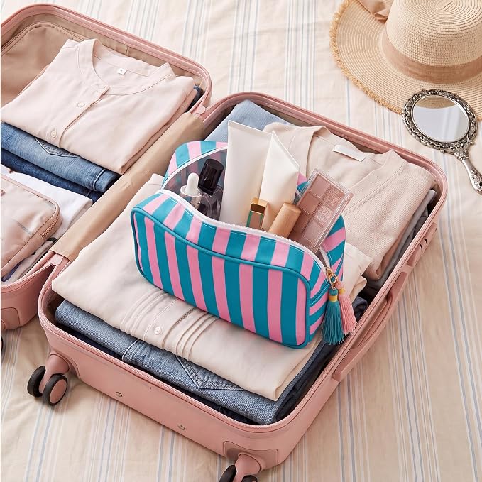 Kacctyen 6 Pack Blue and Pink Striped Makeup Bag bulk with Tassel Travel Cosmetic Pouch Organizer Large Zipper Toiletry Case for Women Aesthetic Storage Pouch Mahjong Tile Bag - Image 7