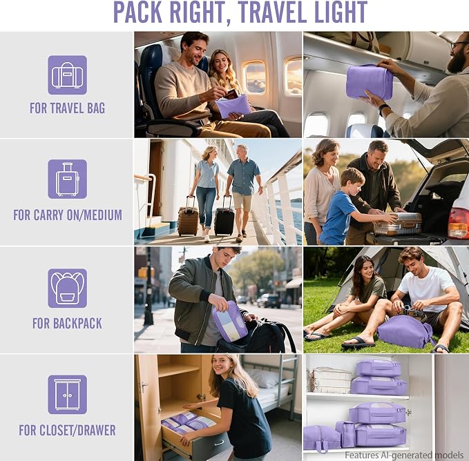Veken 8 Set Packing Cubes for Travel Essentials,Anti-Wrinkle Buckled Suitcase Organizer for Shoe & Toiletry Bag,Carry On Luggage Bag with 99+ Count Mesh Holes for Airplane & College Dorm Accessories - Image 7