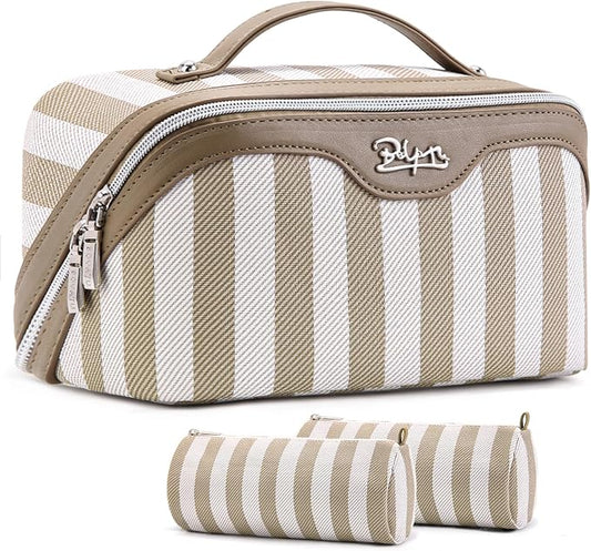 BOYATU Travel Makeup Bag Cosmetic Bag for Women: 3 Pcs Set Striped Make up Bag with Compartment - Waterproof Vegan Leather Toiletry Bag with Handle - Makeup Organizer for Travel Essential(A-6-Apricot) by BOYATU