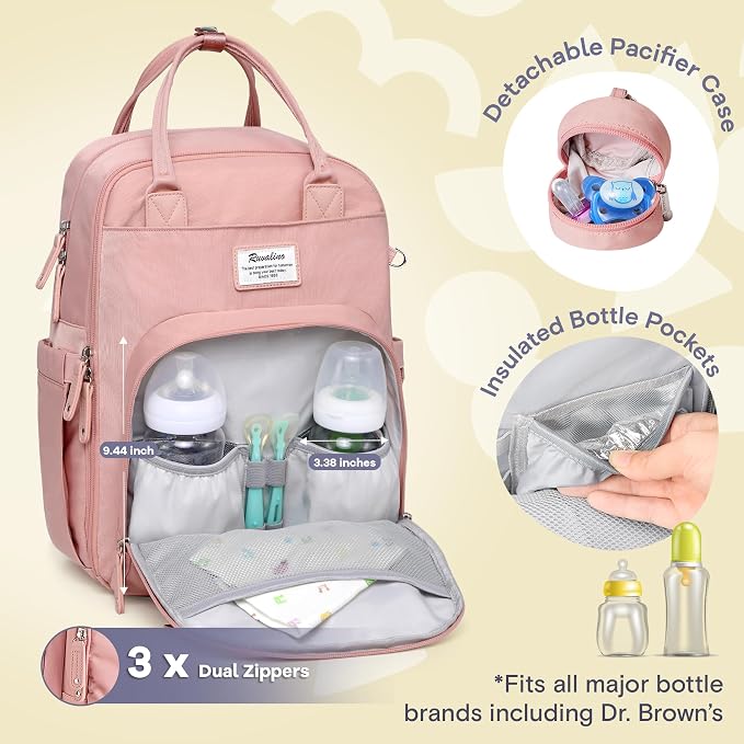 RUVALINO Diaper Bag Backpack, Multifunction Travel Back Pack for Girls, Maternity Baby Changing Bags with Changing Pad for Mom, Large Capacity, Waterproof and Stylish, Pink - Image 2