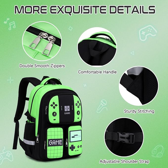 Gamer Backpack for Boys , 3PCS Boys Backpack with Lunch Box & Pencil Pouch, Waterproof School Bags for Boy Kids Children Teens, Elementary Middle School, Kids Book Bag Casual Daypack (Neon Green) - Image 5