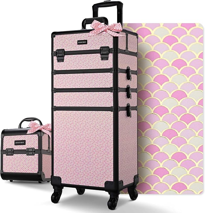 BYOOTIQUE 4in1 Cosmetology Case on Wheels w/Cosmetic Storage Makeup Artist | Aluminum Rolling Makeup Suitcase 360° Detachable Wheel Lockable Makeup Case Organizer w/ Mirror Nail Tech AD Bloom by BYOOTIQUE