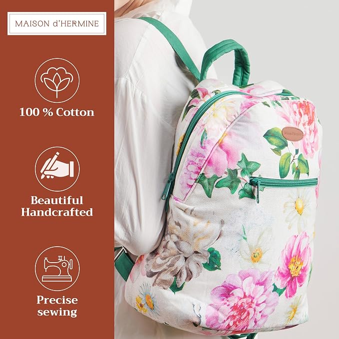 Maison d' Hermine Backpack for Women Men Cotton Shoulder Multipurpose Rucksack with Small Pouch Lightweight Multi Pocket Bag for Travel Work Beach Perfect for Spring Summer (Pivoine) - Image 2