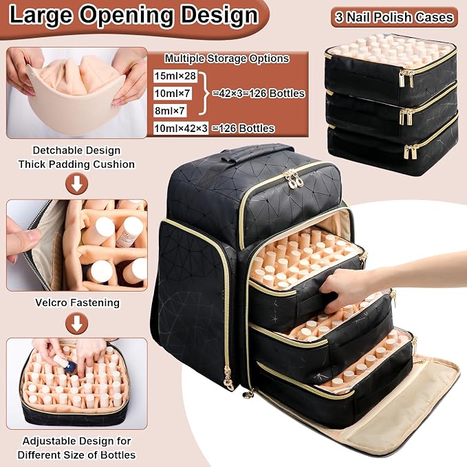 Nail Polish Organizer Backpack Holds 126 Bottles& Nail Lamp, Extra Large Nail Kit Supplies Organizer Bag with 3 Removable Cases, Portable Nail Organizers and Storage for Trave (Elegant Black) - Image 3