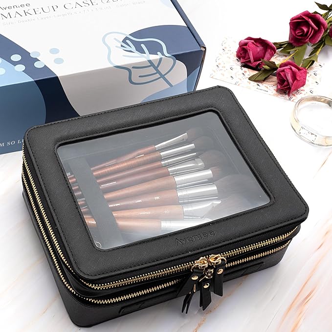 Aveniee Clear Makeup Bags,Double Layer Cosmetic Bags with Separate Brush Compartment,Large Travel Toiletry Bag Cosmetic Case,Travel Accessories Organizer for Women,2 Layers,Black - Image 6