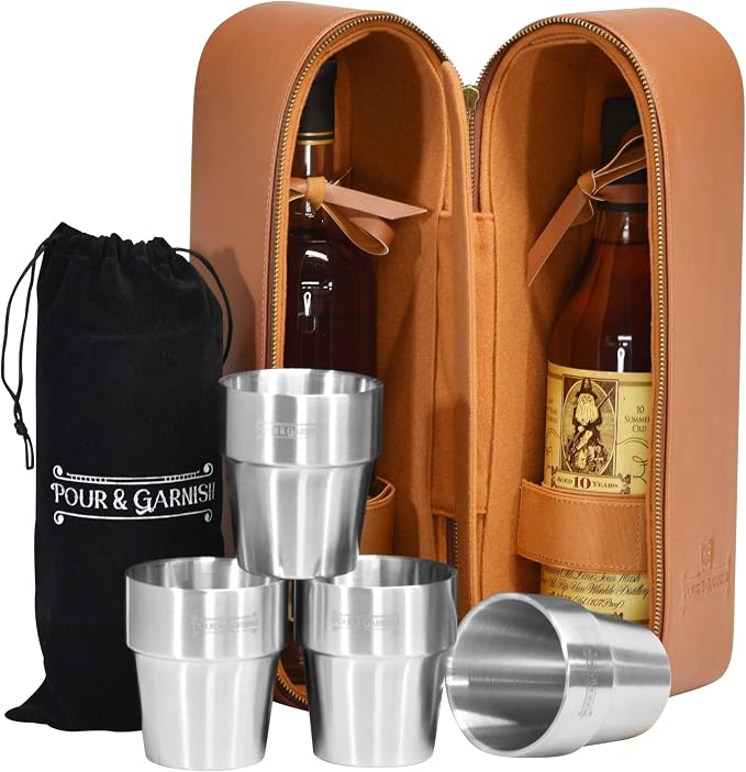 POUR & GARNISH Bourbon Whiskey & Wine Double Bottle Travel Bag with 4 Stainless Steel Double-Walled Vacuum Insulated Glasses - Makes a Great Gift! - Image 3