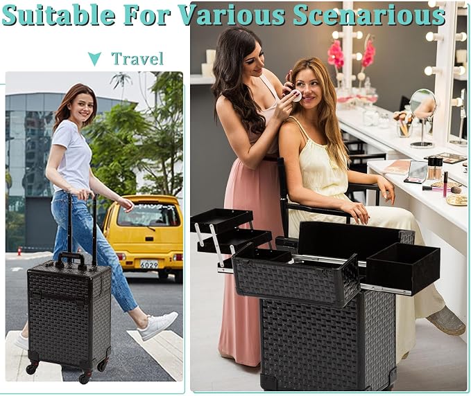 Arous Rolling Train Makeup Case Cosmetology Case on Wheels, Black | Cosmetic Travel Trolley 4 Tray with Sliding Rail Removable Middle Layer with Key Salon Barber Case Traveling Cart Trunk - Image 4
