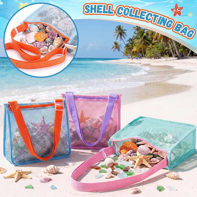 Frienda 4 Pcs Mesh Beach Bag Beach Seashell Bag Shell Collecting Sand Toy Totes Colorful Swimming Accessories Storage Pouch with Adjustable Carrying Straps for Men and Women (Colors D) - Image 3