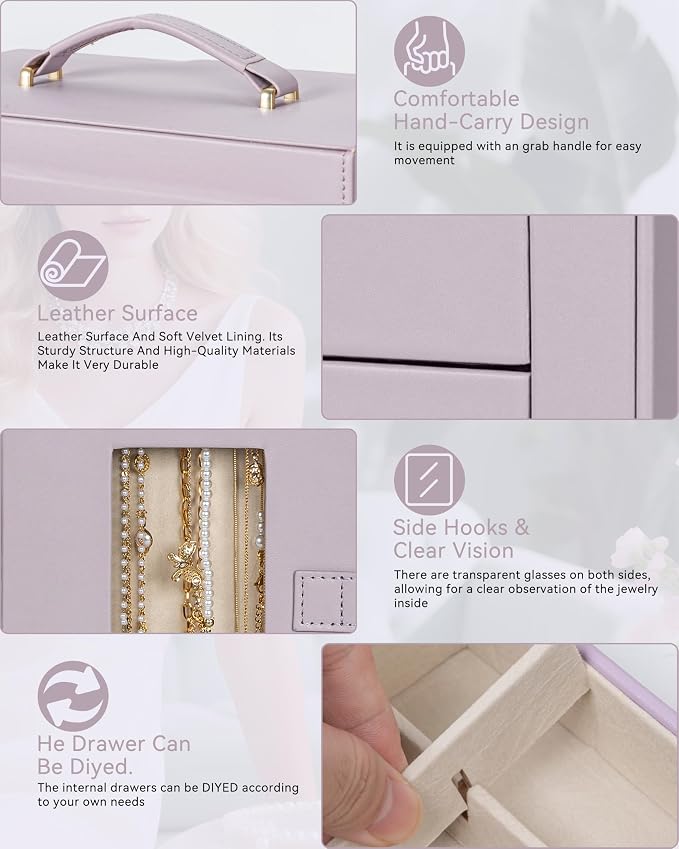 AKOZLIN 6-Tier Jewelry Box Organizer Functional 5 Drawers Leather Jewelry Storage Case for Women Girls Ring Necklace Earring Bracelet Holder Organizer with Mirror Purple 360° Rotating - Image 7