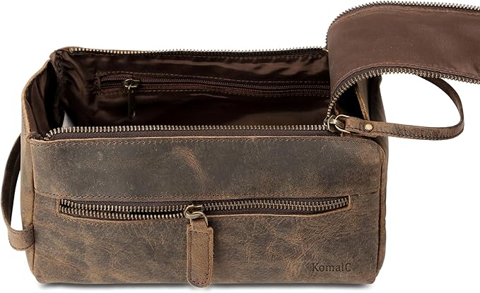 KomalC Premium Buffalo Leather Toiletry Bag for Men & Women With Water resistant Lining, Grooming Travel Pouch, Unisex Wash Bag for Toiletries, Gifts for Men and Women - Image 7