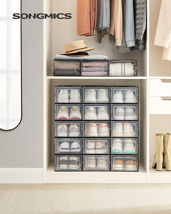SONGMICS Shoe Boxes, Pack of 18 Shoe Storage Organizers, Stackable Clear Plastic Boxes for Closet, Sneakers, 13.1 x 9.1 x 5.6 Inches, Transparent and Black ULSP18SBKV1 - Image 2