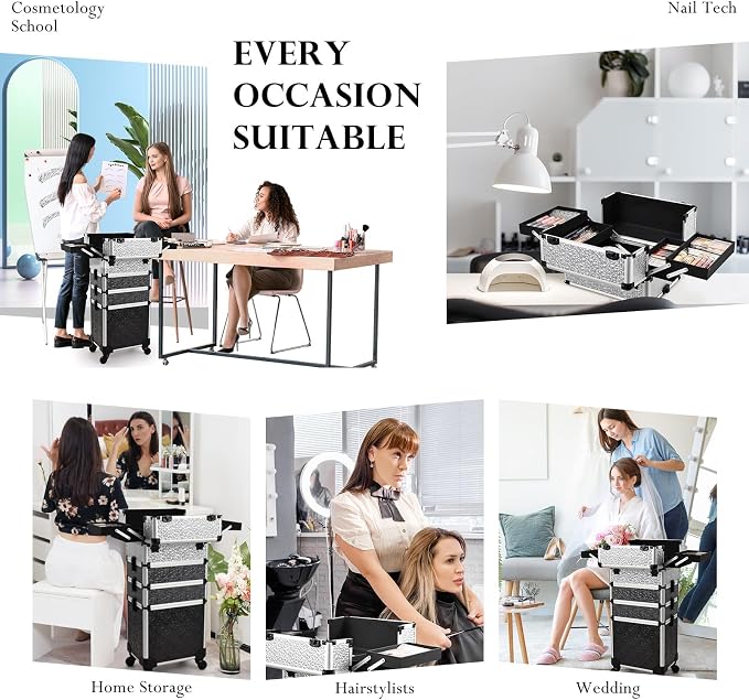 Stagiant Rolling Makeup Train Case Cosmetology Case on Wheels 4 in 1 Large Cosmetic Case with Wheels Makeup Travel Case with Keys Nail Kits Organizer Artist Salon Storage Traveling Cart Trunk Tricolor - Image 7