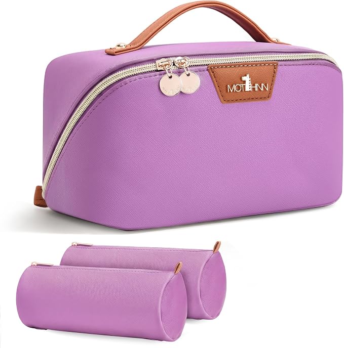 Travel Makeup Bag for Women: 3-in-1 Large Capacity Cosmetics Organizer with 2 Detachable Pouch - Vegan Leather Flat Open Toiletry Bag - Travel Essentials for Full-Sized Bottles(01-Purple) by Unknown