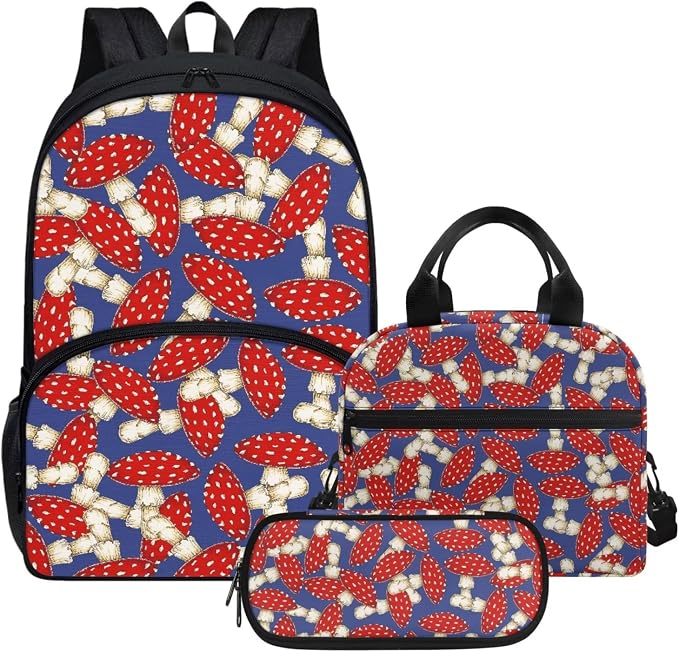 Blue Mushroom Backpack Set for Girls Kids Lightweight Cute School Backpack with Lunch Box Pencil Case Adjustable Strap Padded Book Bag Insulated Lunch Bag by Parprinty