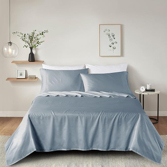 100% Supima Cotton Sheets 600 Thread Count,Bed Sheet Set Queen Size Sheets 4 Pieces,Soft & Silk Sateen Weave, Fits Mattress Up to 18",Deep Pocket, Breathable & Fade Resistant(Blue Grey,Queen) - Image 9